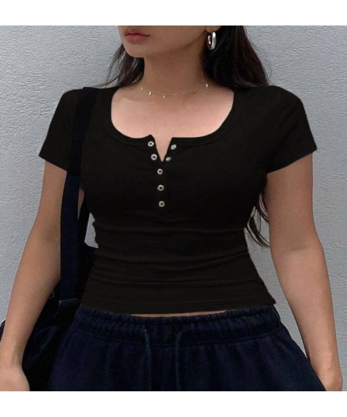 Siyah Düğmeli Kısa Kol Crop Top