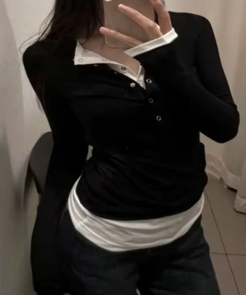 Siyah Düz Ekli Düğmeli Y2K Uzun Kollu Crop