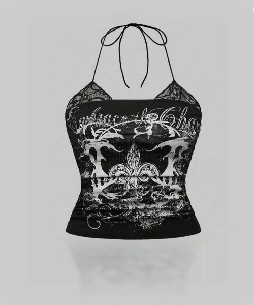 Siyah Embrace The Chaos Dantelli Ek Askılı Crop