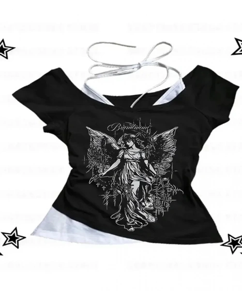 Siyah Gothic Angel Women Yaka Ek Askılı Kısa Kollu Full Body Crop
