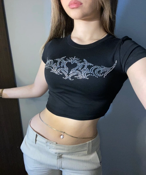 Siyah Gothic Kalp Parıltılı Taşlı Crop Body