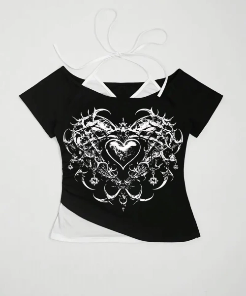 Siyah Gothic Love Yaka Ek Askılı Kısa Kollu Full Body Crop