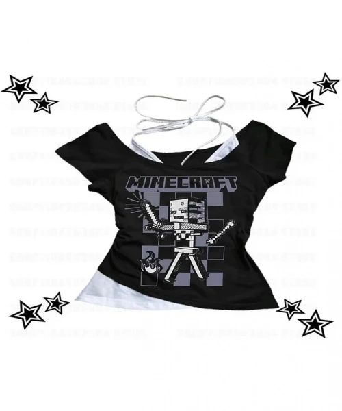 Siyah Gothic MıneCraft Yaka Ek Askılı Kısa Kollu Full Body Crop