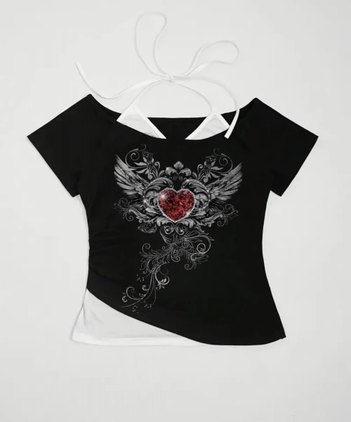 Siyah Gothic Red Love Yaka Ek Askılı Kısa Kollu Full Body Crop
