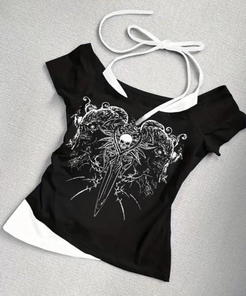 Siyah Gothic Skeleton Yaka Ek Askılı Kısa Kollu Full Body Crop