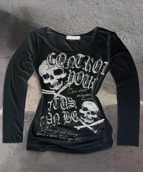 Siyah Gothic Skulls Control Geniş Yaka Y2K Uzun Kollu Crop