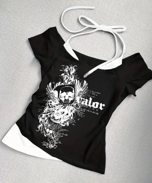 Siyah Gothic Victory Love Yaka Ek Askılı Kısa Kollu Full Body Crop