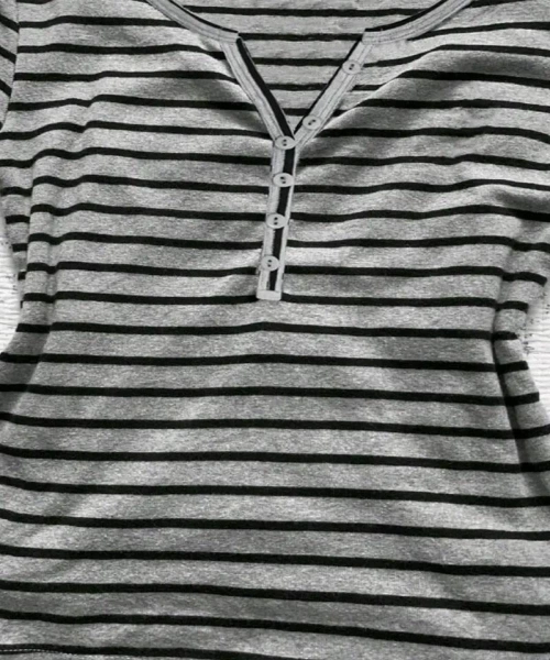 Siyah Gri Çizgili Düğmeli Kısa Kollu Crop