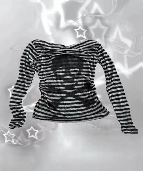 Siyah Gri Çizgili Skull Y2K Uzun Kollu Crop