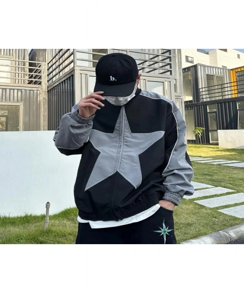 Siyah Gri Şeritli Star Fermuarlı Paraşüt Ceket