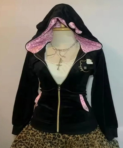 Siyah Hello Kitty Fiyonklu Y2K Hırka