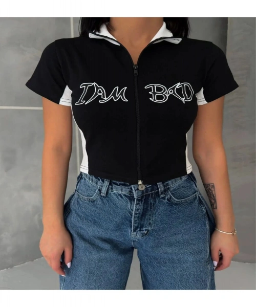 Siyah I am Bad Retro Fermuarlı Kadın Crop