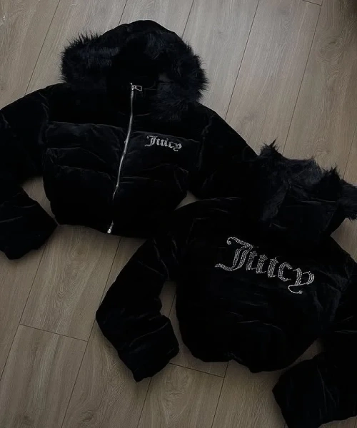 Siyah Juicy Peluş Kapüşonlu Şişme Crop Mont