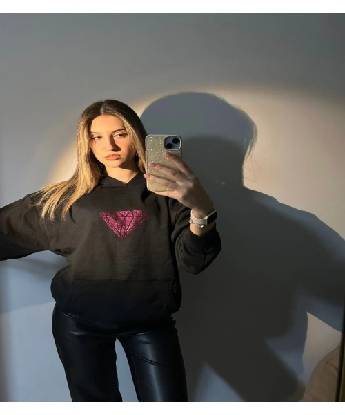 Siyah Kapüşonlu Parıltılı Taşlı Elmas Diamond Baskılı Unisex 3 İplik Şardonlu Kışlık Sweatshirt