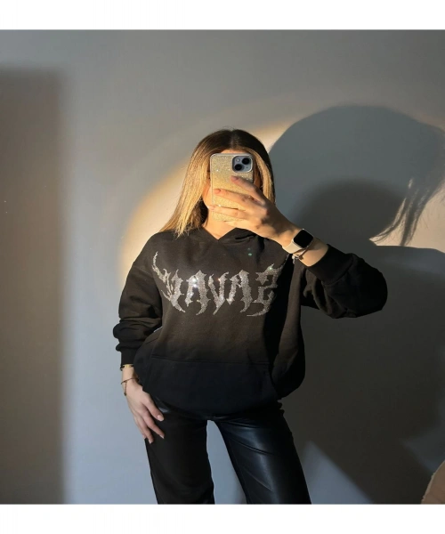 Siyah Kapüşonlu Savage Parıltılı Taşlı Unisex 3 İplik Şardonlu Kışlık Sweatshirt