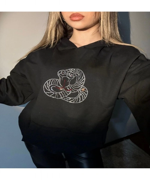 Siyah Kapüşonlu Snake Yılan Parıltılı Taşlı Unisex 3 İplik Şardonlu Kışlık Sweatshirt