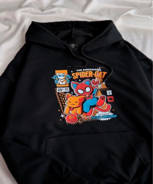 Siyah Kapüşonlu Spider - Cat Sweatshirt