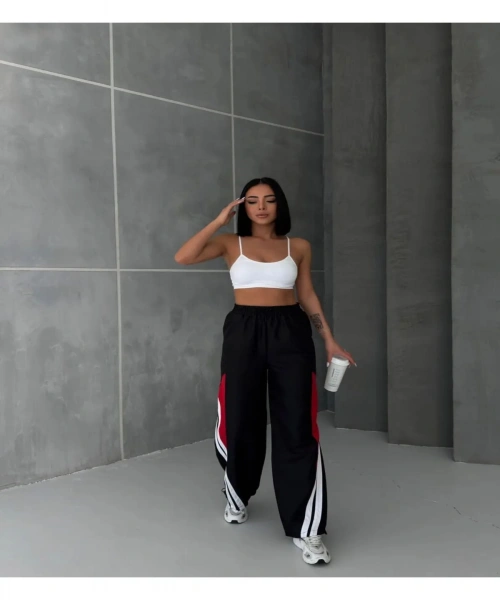 Siyah Kırmızı Parça Beyaz Şeritli Paraşüt Kumaş Unisex Eşofman Altı