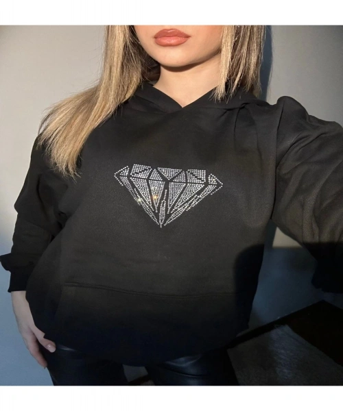 Siyah Parıltılı Taşlı Elmas Diamond Baskılı Unisex 3 İplik Şardonlu Kışlık Sweatshirt