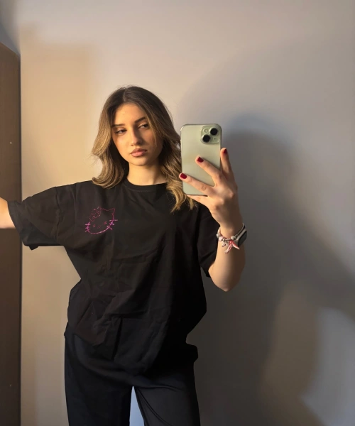 Siyah Pembe Rhinestone Taş Baskılı Kısa Kol T-shirt