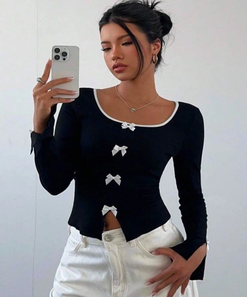 Siyah Ribbon Dekolteli Uzun Kollu Crop