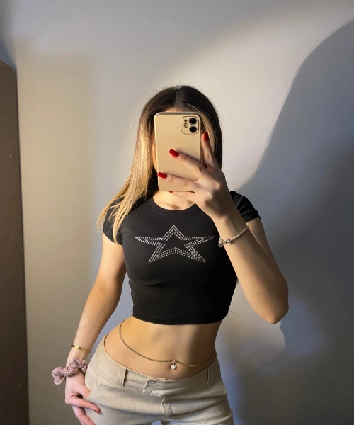 Siyah Star Yıldız Parıltılı Taşlı Crop Body