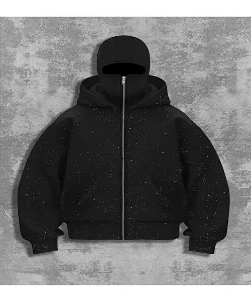 Siyah Taş Parıltılı Kar Maskeli Unisex Kapüşonlu Hırka