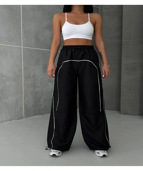 Siyah U Şeritli Model Paraşüt Kumaş Unisex Eşofman Altı