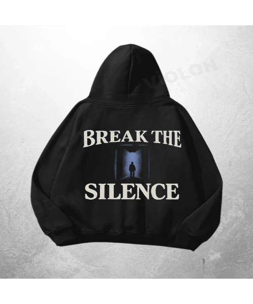 Siyah Unisex Break The Silence Baskılı Oversize Hoodie Sweatshirt