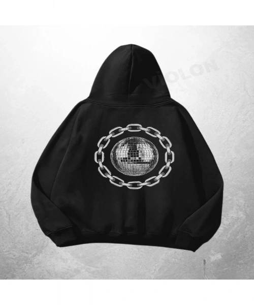 Siyah Unisex Chain Circle Logo Baskılı Oversize Hoodie Sweatshirt