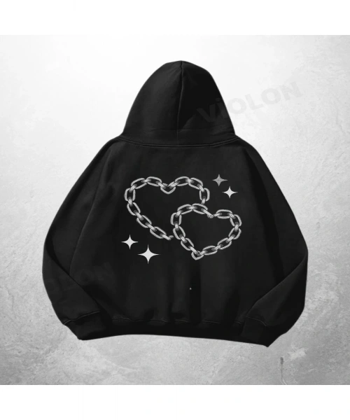 Siyah Unisex Chain Heart Graphic Baskılı Oversize Hoodie Sweatshirt