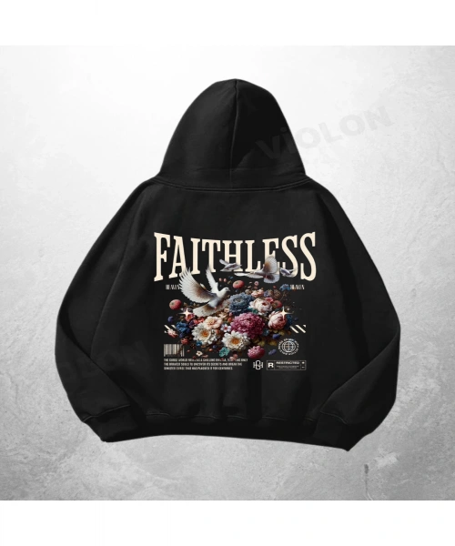 Siyah Unisex Faithless Baskılı Oversize Hoodie Sweatshirt