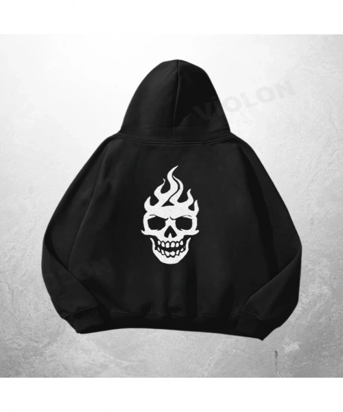 Siyah Unisex Flame Skull Baskılı Oversize Hoodie Sweatshirt