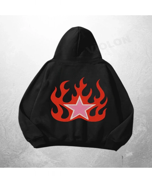 Siyah Unisex Flame Star Baskılı Oversize Hoodie Sweatshirt