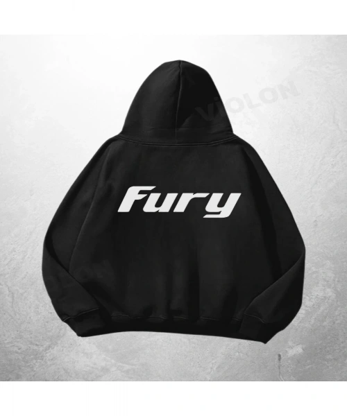 Siyah Unisex Fury Bold Text Baskılı Oversize Hoodie Sweatshirt