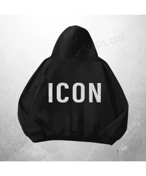 Siyah Unisex ICON Yazılı Oversize Hoodie Sweatshirt