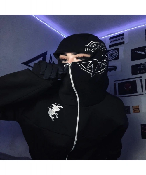 Siyah Unisex Kar Maskeli Samuray Baskılı Oversize Zip Hırka
