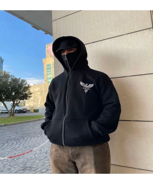 Siyah Unisex Kar Maskeli Samuray Kapüşonlu Baskılı Oversize Hırka