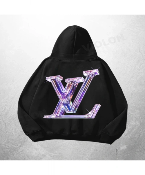 Siyah Unisex LV Style Baskılı Oversize Hoodie Sweatshirt