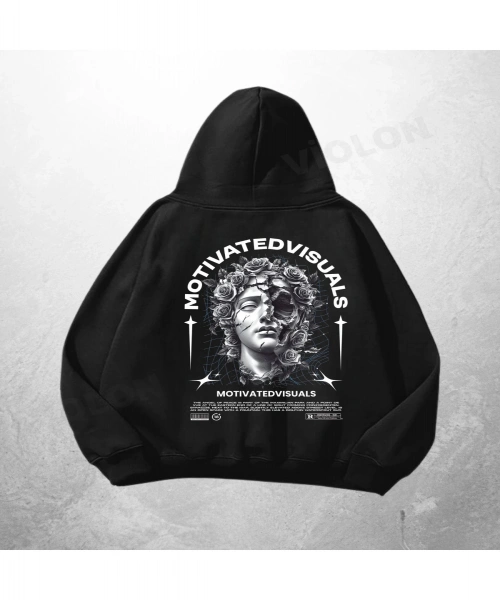 Siyah Unisex Motivated Visual Baskılı Oversize Hoodie Sweatshirt