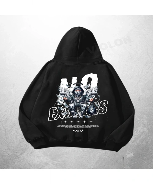 Siyah Unisex No Excuses Baskılı Oversize Hoodie Sweatshirt