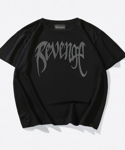 Siyah Unisex Oversize Beyaz Revenge Parıltılı Taş Baskılı Tshirt