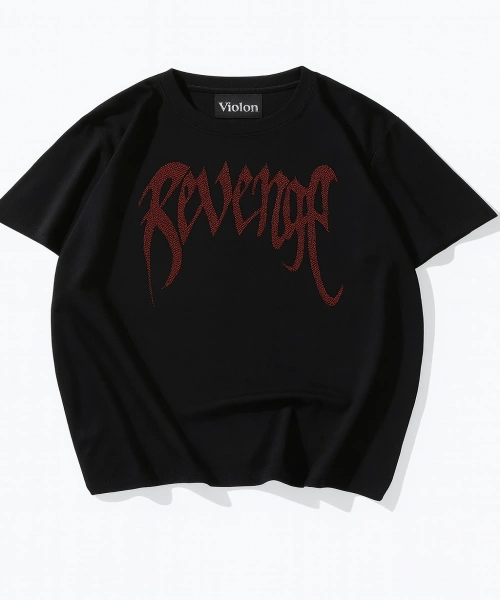 Siyah Unisex Oversize Kırmızı Revenge Parıltılı Taş Baskılı Tshirt