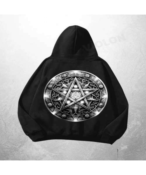Siyah Unisex Pentagram Symbol Baskılı Oversize Hoodie Sweatshirt