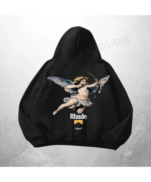 Siyah Unisex Rhode Angel Baskılı Oversize Hoodie Sweatshirt