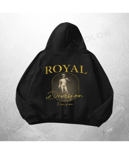 Siyah Unisex Royal Division Baskılı Oversize Hoodie Sweatshirt