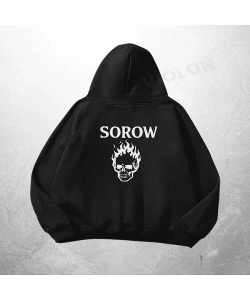 Siyah Unisex Sorow Skull Baskılı Oversize Hoodie Sweatshirt