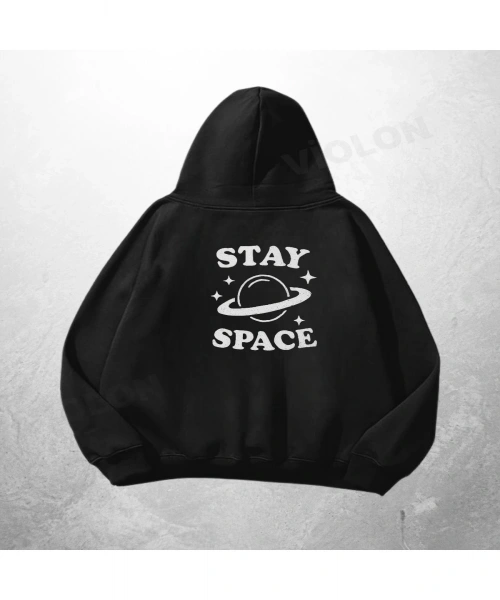 Siyah Unisex Stay In Space Baskılı Oversize Hoodie Sweatshirt