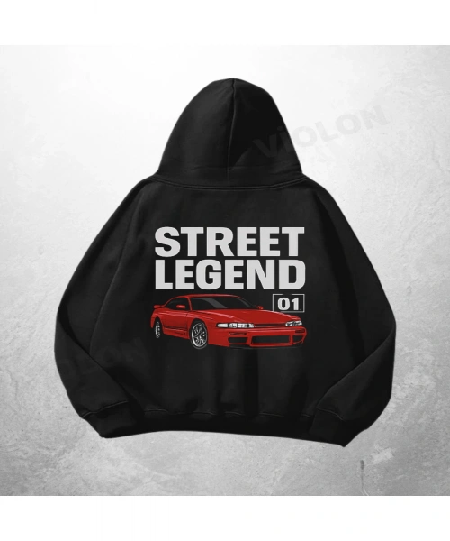 Siyah Unisex Street Legend Red Car Baskılı Oversize Hoodie Sweatshirt