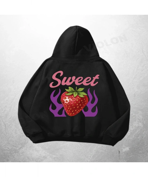 Siyah Unisex Sweet Purple Flame Baskılı Oversize Hoodie Sweatshirt